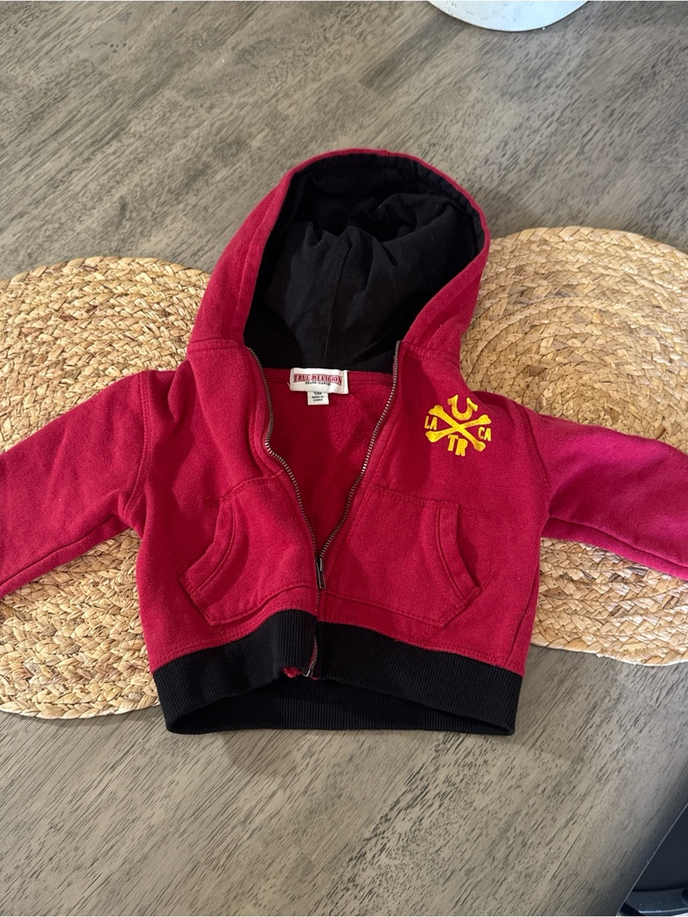 True Religion Kids Red Zip-Up Hoodie with Yellow Logo